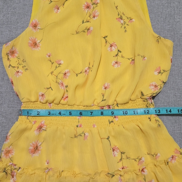 MSK Floral Mini Dress Tiered Ruffle Yellow Pink Size Petite Large - Picture 15 of 16